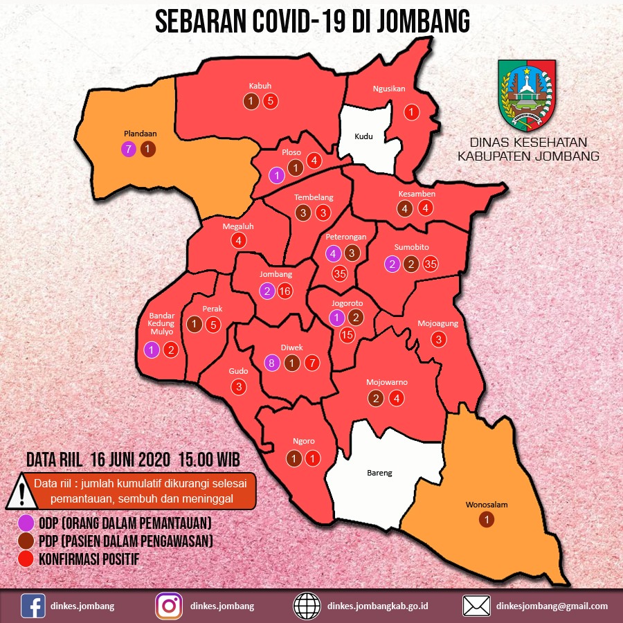 Peta sebaran kasus positif covid-19 di Kabupaten Jombang.