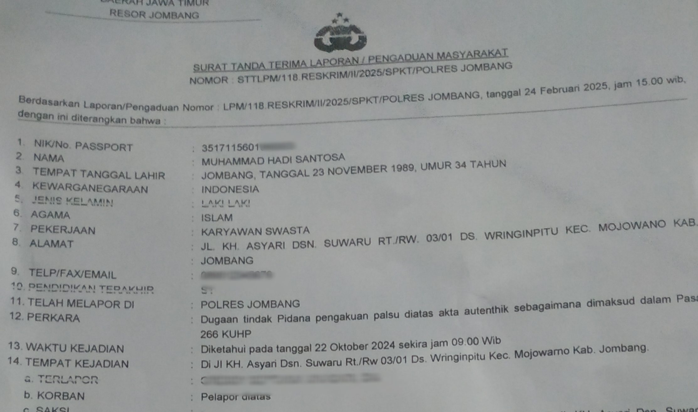 istri dilaporkan polisi di jombang